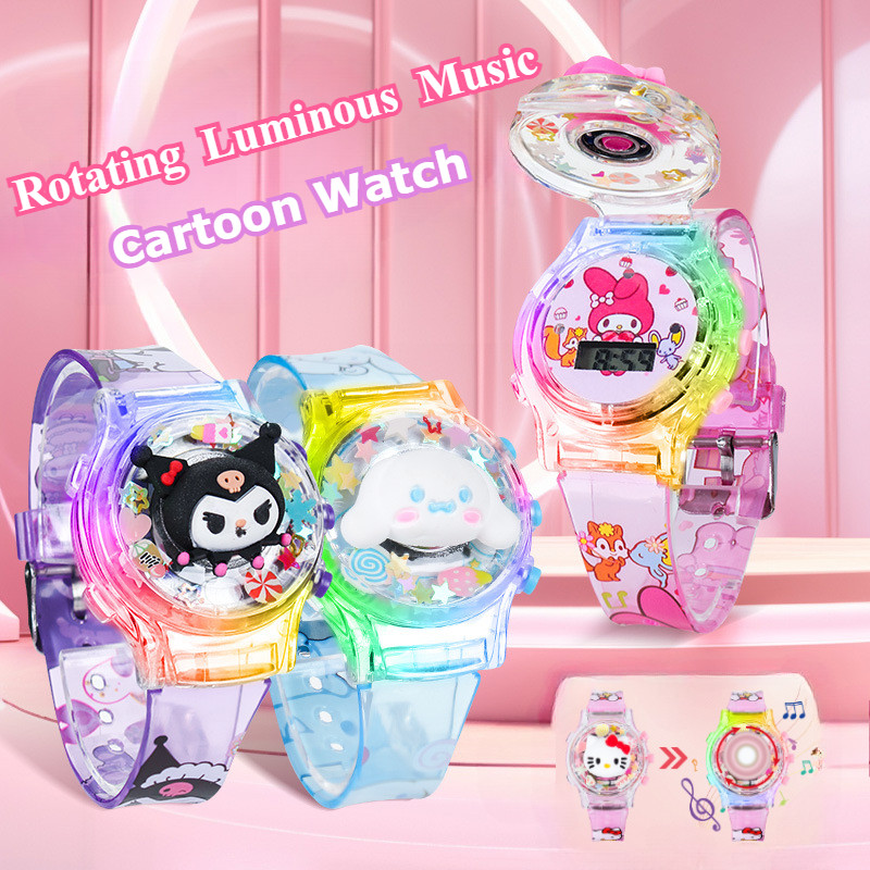 Sanrio Kuromi เด็กส่องสว่างนาฬิกาเพลง Melody Candy สีเด็กนาฬิกากระพริบนาฬิกา LED ของเล่นนาฬิกาข้อมือของขวัญวันเกิด