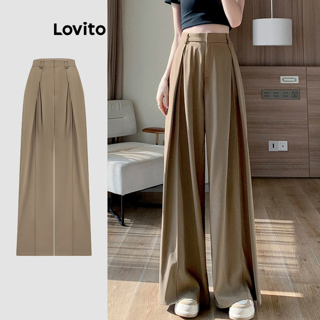 Lovito กางเกงกระดุมจีบแบบสบาย ๆ สำหรับผู้หญิง L100MD082