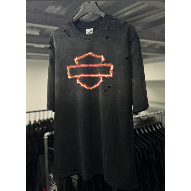 ขนาดใหญ่พร้อมสต็อก VTG แขนสั้นย้อนยุคถนนสูงหนักวินเทจล้างทุกข์หลวมครึ่งแขนเสื้อยืดหมอก