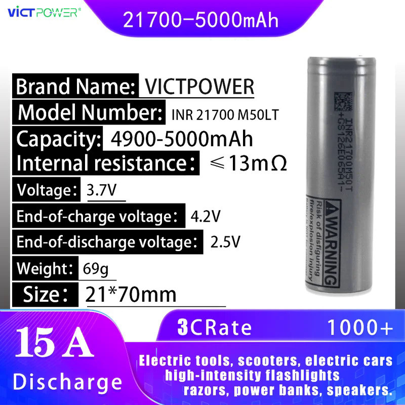 Victpower Inr21700M50Lt Battery Rechargeable Battery 3.7V 5000Mah 15A Power Li-Ion High Discharge Ba