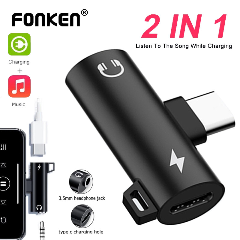 Fonken ตัวแยกการชาร์จเสียง USB C 2 in 1 เป็นตัวแปลงการชาร์จ Type-C อะแดปเตอร์หูฟังแจ็ค 3.5 มม.