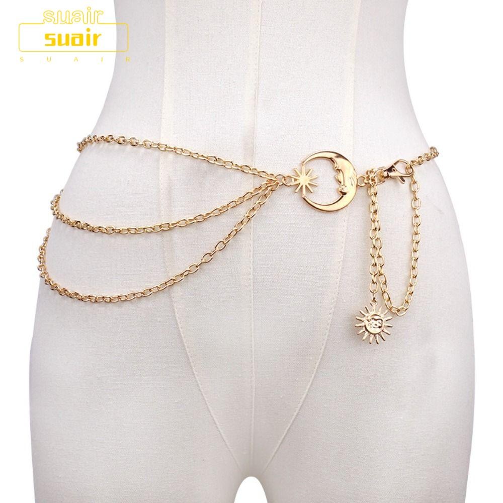 Suair Punk โซ่เอวบาง, Gold Silver Hip Hop Womans Chain Belt, All-match Vintage Metal Dress Cummerbands