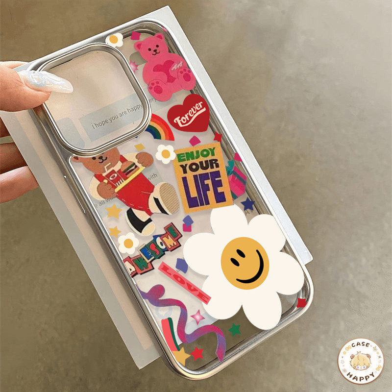 เคสไอโฟน 15 11 สำหรับ iPhone 16 13 14 12 Pro Max XS XR X MAX 15 7 8 14 16 Plus SE 2020 สีสร้างสรรค์หมีน่ารักรักหัวใจยิ้ม