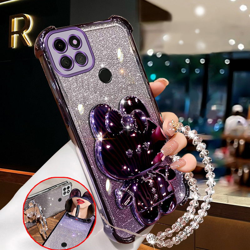 FOR เคส เคสสําหรับrealme C21Y REALME C25Y REALME C21 เคสโทรศัพท์Softcaseซิลิโคนกันกระแทกออกแบบใหม่ความงามกระต่ายกระจกแต่งหน้าพร้อมที่วางสร้อยข้อมือสําหรับสาวSJSFTUSL01