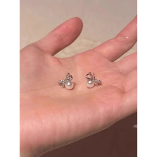 ใหม่ S925 เงิน Bowknot ต่างหูมุกหู Studs เครื่องประดับเกาหลี