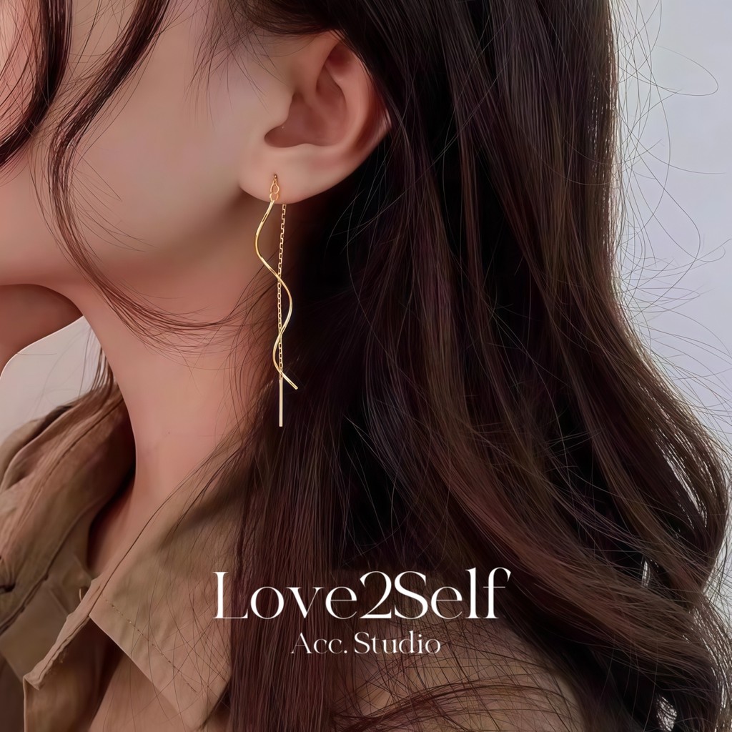 Love2Self E206 Minimalist สแตนเลส 18K Gold Wave หูต่างหูยาว Non Tarnish ต่างหู