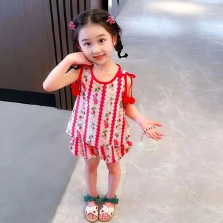 เสื้อ+กางเกง ชุด2ชิ้น เสื้อ กางเกง น้องกระต่าย ชุดฤดูร้อน เด็กผู้หญิง พิมพ์ลายดอกไม้และลูกไม้ สต๊อก จัดส่งเร็ว
