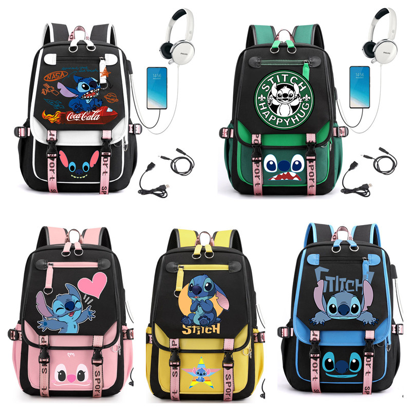 Anime Stitch Backpack Student School Bag Laptop Bagpack Travel Bag (อินเทอร์เฟซ USB และหูฟัง)