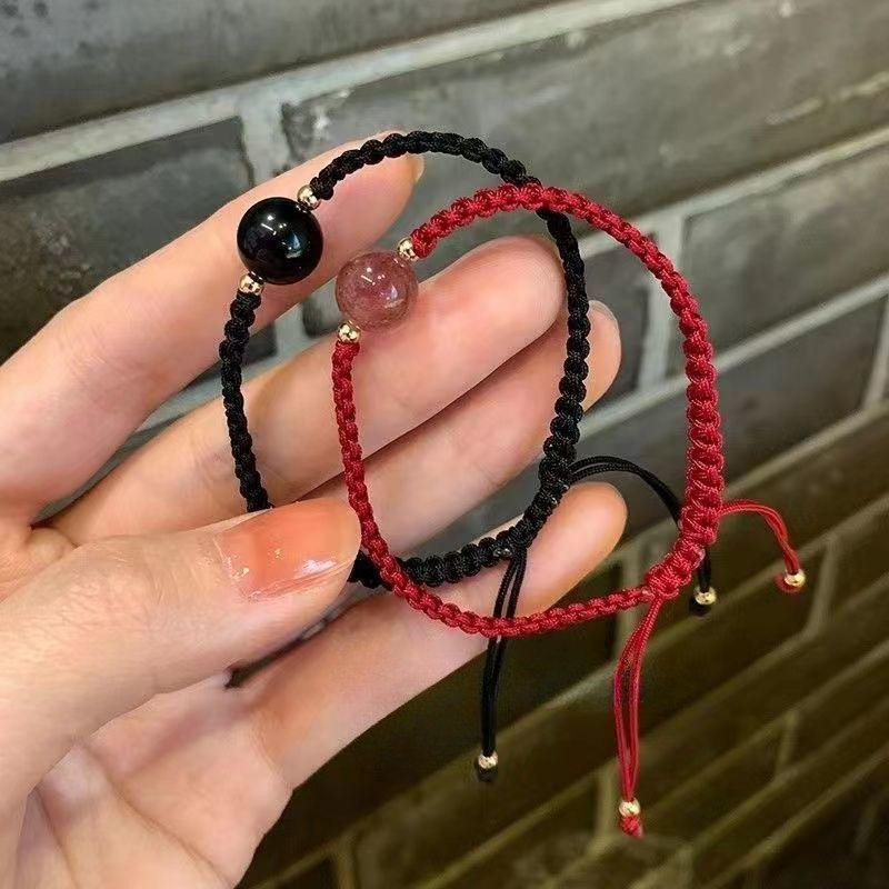 สร้อยข้อมือเชือกถักหินธรรมชาติสําหรับผู้ชายผู้หญิงสีแดงโชคดีโซ่คู่พระเครื่องสร้อยข้อมือที่เรียบง่ายเครื่องประดับ