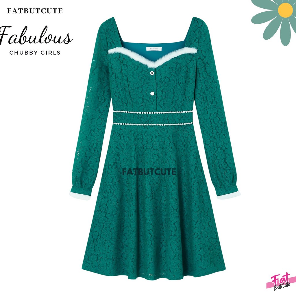 [อก32-42นิ้ว]💚 เดรสลูกไม้คอเหลี่ยม แต่งขนปุย & มุกสุดหรู 💚 สวยสะดุดตา รหัส k-1723