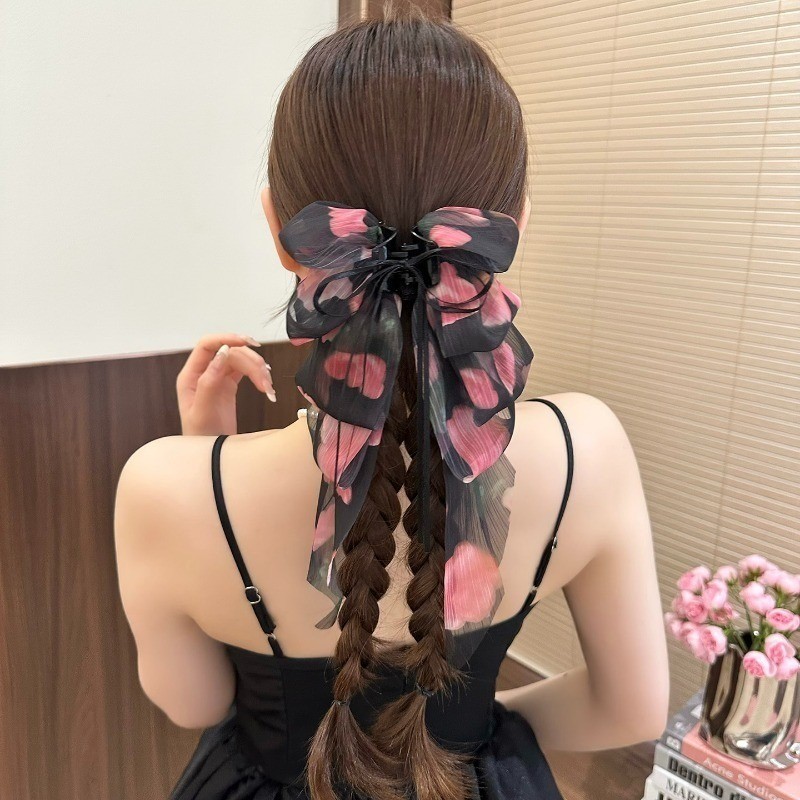 สีดําหลายชั้น Organza Bow Hair Clamp ผู้หญิงs Retro ดอกไม้ผมหางม้าคลิปผมอุปกรณ์เสริมผม - รูปที่ 7