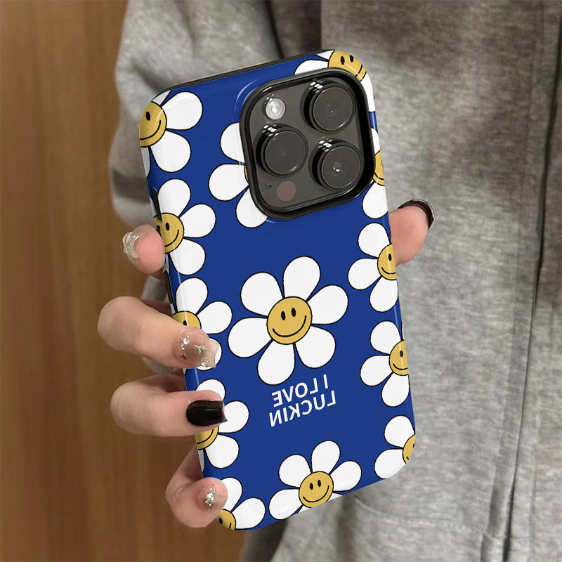 ฟิล์มกันรอยหน้าจอแบบเต็มพรีเมียมพื้นหลังสีน้ำเงิน ลายดอกเดซี่ เข้ากันได้กับ iPhone 16 Pro Max 15 16 Plus 16 Pro XR เคส XS XS Max อุปกรณ์เสริม 15 Pro Max 14 Pro Max กันกระแทก 15 Pro 13 14 Pro สองชั้น - รูปที่ 3