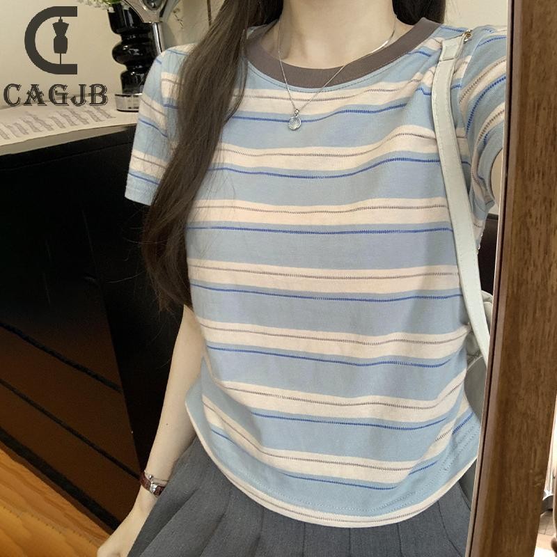 [SSNE] ฤดูร้อนผู้หญิง Retro Striped Pleats รอบคอแขนสั้น Casual All-match เสื้อยืด UOM