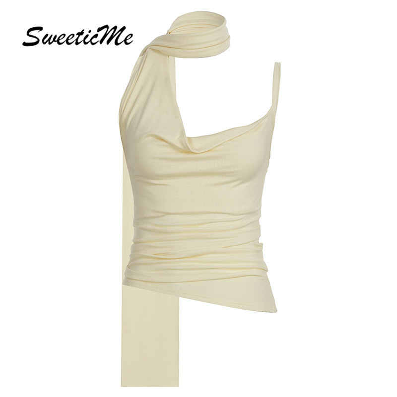 SweeticMe ผู้หญิงกระโปรงยาวชุดแฟชั่นใหม่สีทึบเซ็กซี่ต่ําตัดปิดไหล่ Slim Fit Crinkled