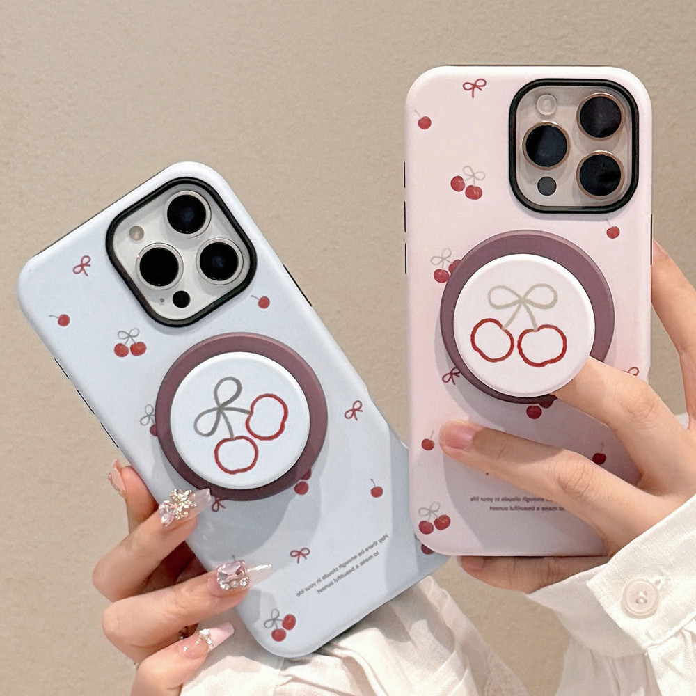 INS เชอร์รี่แม่เหล็กยืน H older คู่โทรศัพท์กรณีเข้ากันได้สำหรับ iPhone 16 PRO MAX 16พลัส16 Pro 15 PRO MAX 14 13 12มินิ11รอยขีดข่วนทนฮาร์ดพีซีหนาปก