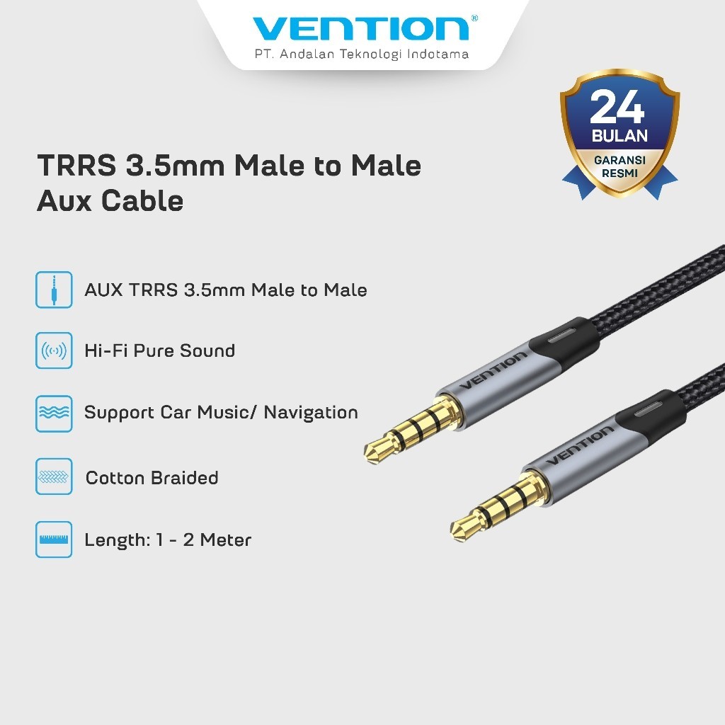 Vention HiFi Audio AUX Jack Cable Male to Male 3.5mm Microphone Function Supported Universal Compati