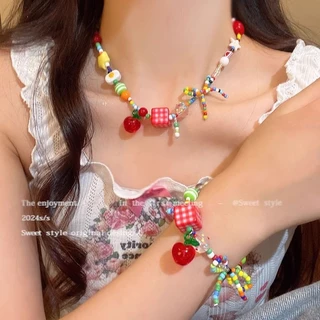 น่ารัก Harajuku การ์ตูนผลไม้โบว์ที่มีสีสันลูกปัด Choker สร้อยคอ Egirl Goth Vintage 2000s Y2K EMO เครื่องประดับอุปกรณ์เสริมความงาม