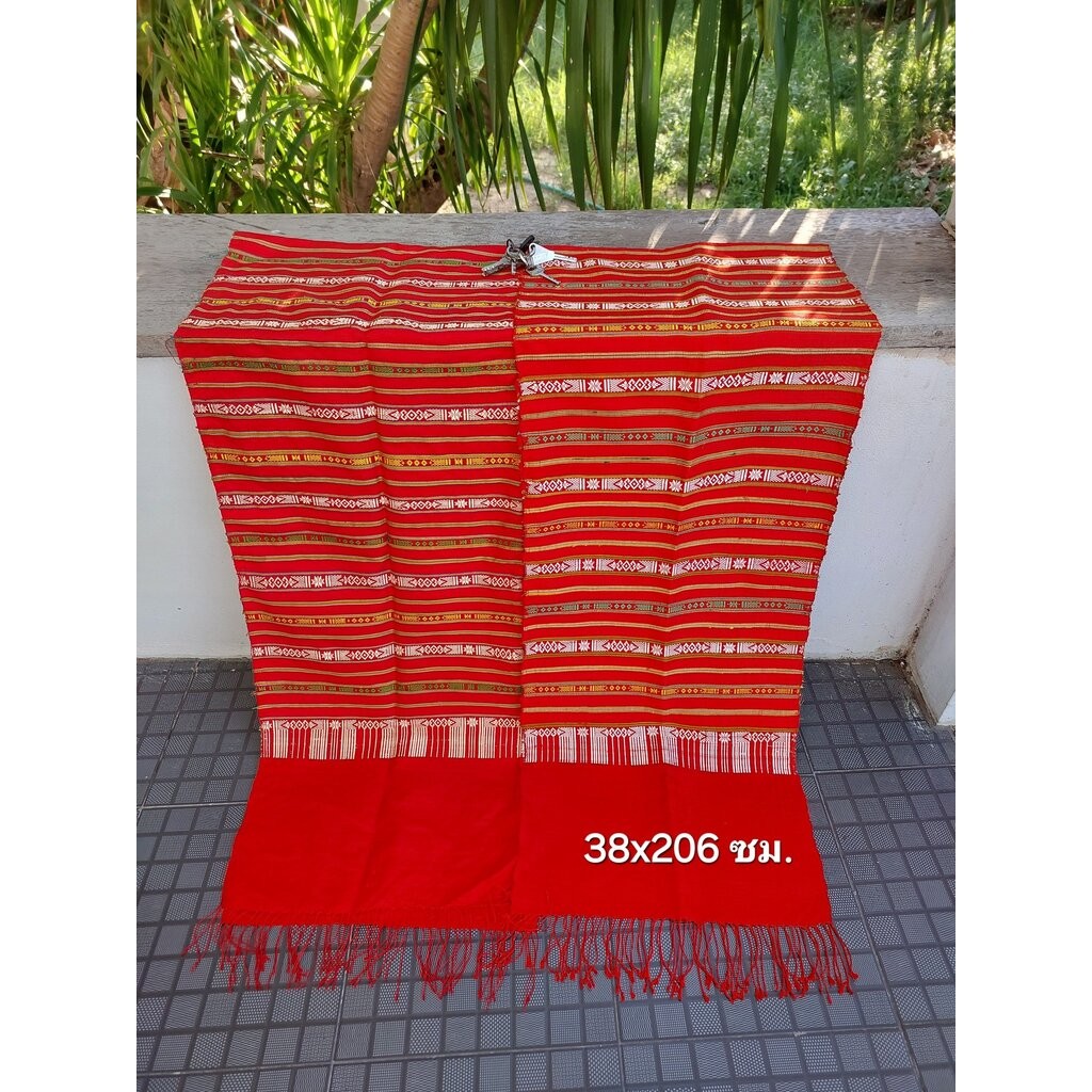 สไบไหมขิตโบราณ สีเคมี ขนาด 38x206ซม. พื้นสีแดง LW4A-103-0520685