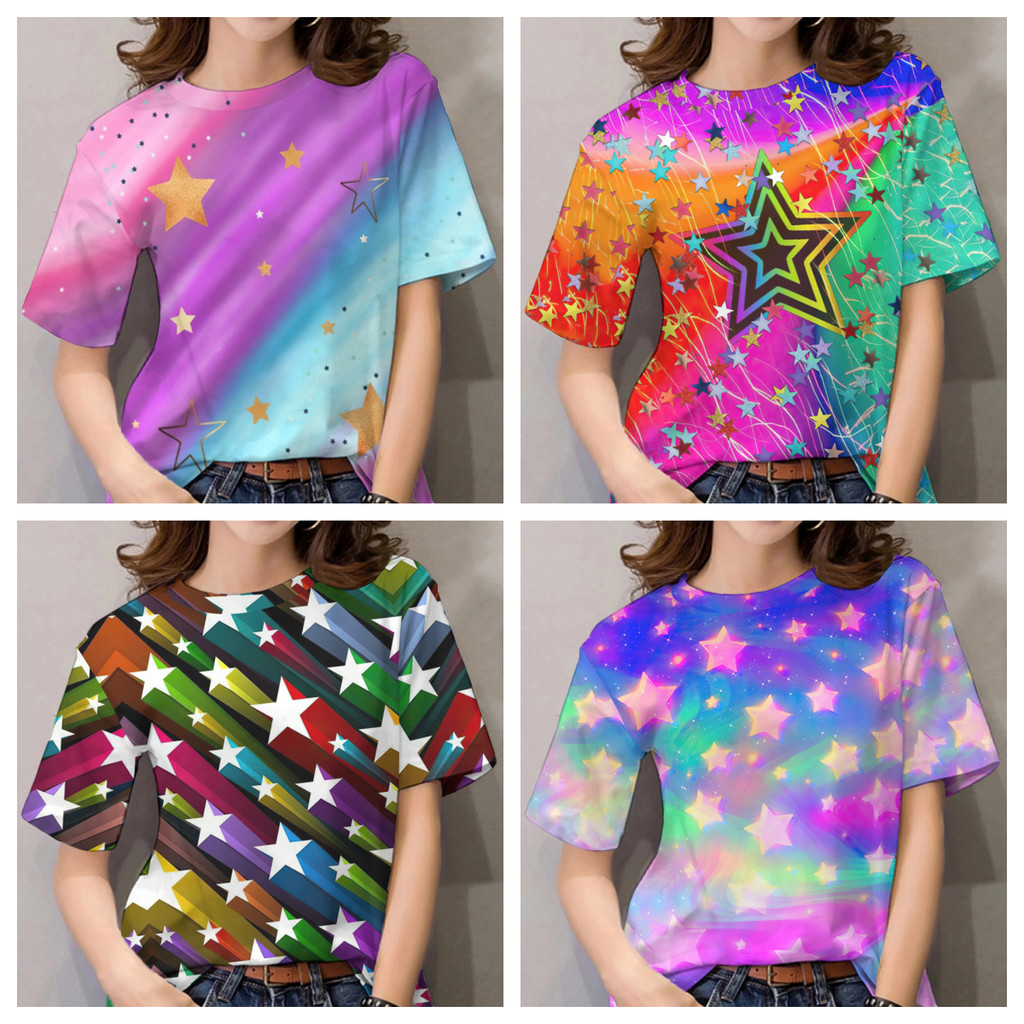 2025 เสื้อยืดสายรุ้งสําหรับผู้หญิงประกายดาวพิมพ์แขนสั้นขนาดใหญ่ด้านบนเพื่อต้อนรับเสื้อยืดฮาวายปีใหม่สําหรับผู้หญิง
