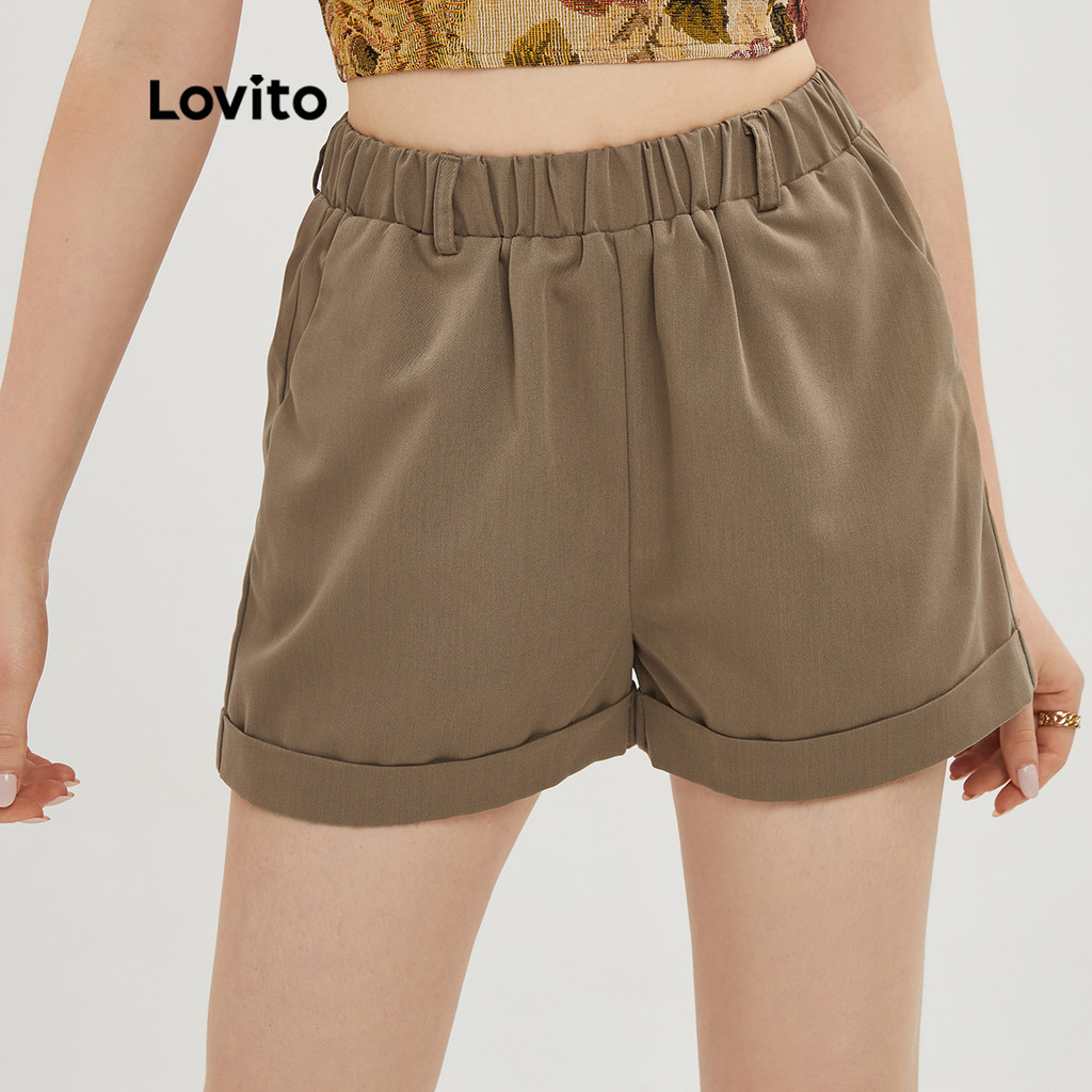Lovito กางเกงขาสั้น เอวยางยืด มีกระเป๋า สีพื้น สไตล์ Modest L20D064(สีกากี)