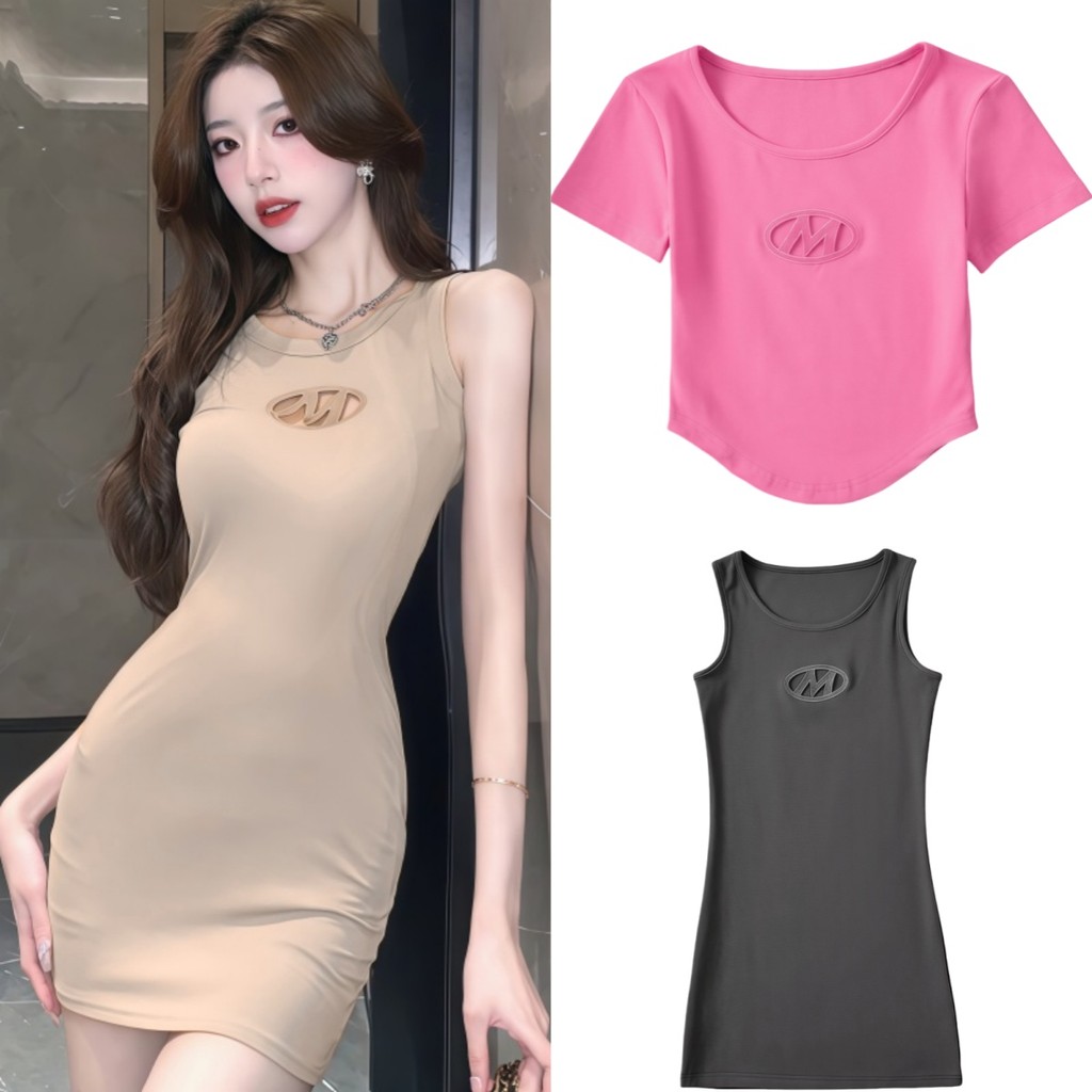 SuySuy พร้อมส่ง เสื้อครอป และเดรสสั้น คอกลม แแขนสั้น แต่งหน้าอกน่ารักเซ็กซี่ เหมาะกับสาวๆวัยรุ่น แฟชั่นเกาหลีเกาใจ