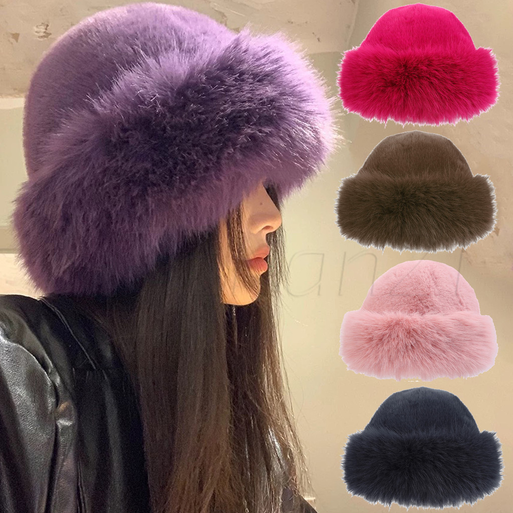 Fluffy Faux Fur Bucket Hats-หมวกป้องกันหูฤดูหนาว-ผู้หญิงPlushหมวกชาวประมง-นุ่ม,อุ่น,Thicken,Windproo