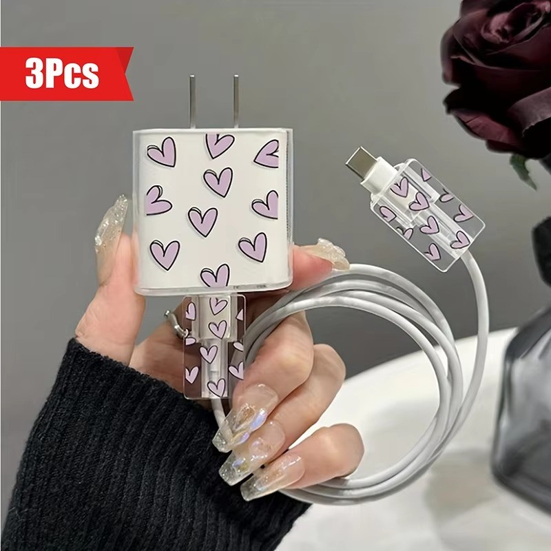 INS Clear ผีเสื้อลายหัวใจสาย USB Charger Protection Case สําหรับ iPhone 16 15 14 13 12 Pro Max 18/20W Charger Cable Protector Data Wire Winder
