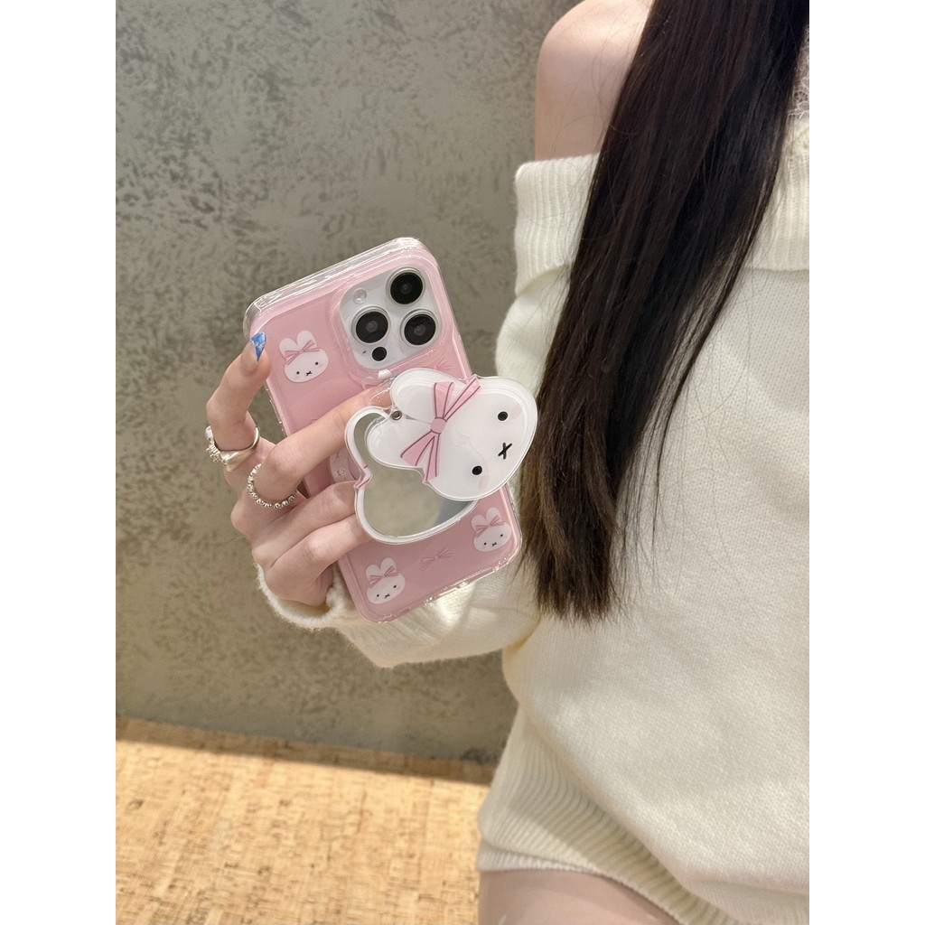 สีชมพูป้องกัน Miffy Rabbit กระจกแต่งหน้าขาตั้ง TPU สําหรับ Apple IPhone 16 15 14 13 Pro Max เคสกันกระแทก