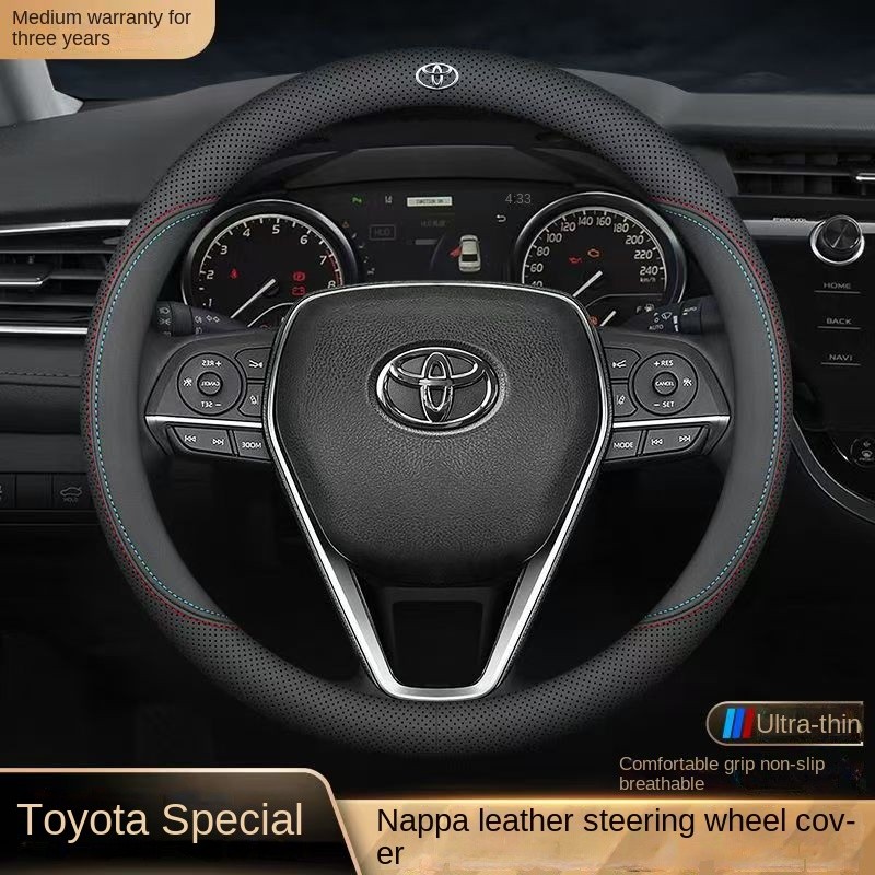 ที่หุ้มพวงมาลัยหนังแท้พิเศษสำหรับ Toyota ที่หุ้มพวงมาลัยคาร์บอนไฟเบอร์ระบายอากาศได้ดีเคสหนังพวงมาลัยโลโก้รถโลหะ corola CROSS Camry RAV4