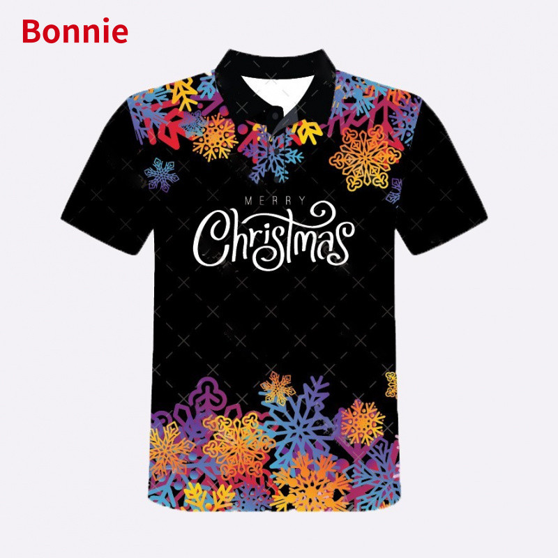 เสื้อโปโล Merry Christmas แฟชั่นสบาย ๆ แห้งเร็วพิมพ์หลวม ๆ เสื้อยืดพิมพ์เกล็ดหิมะคริสต์มาส