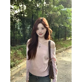 เสื้อยืดถักไหล่ไม่สม่ำเสมอสีเหลืองผู้หญิงฤดูใบไม้ร่วงใหม่สลิมฟิตแขนยาวปิดไหล่