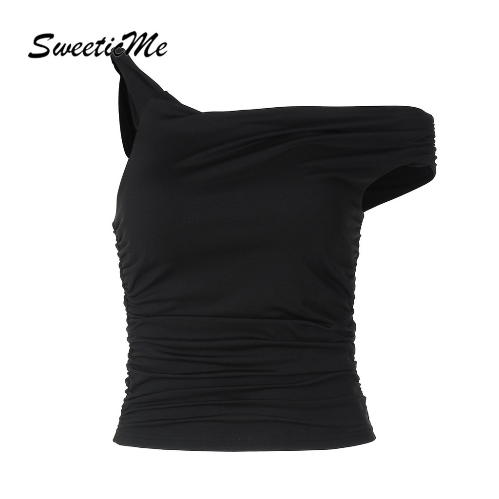 Sweeticme ผู้หญิง 2025 ใหม่แฟชั่นสีทึบ Slim Fit ไม่สม่ําเสมอ Street เสื้อกล้าม Camisole