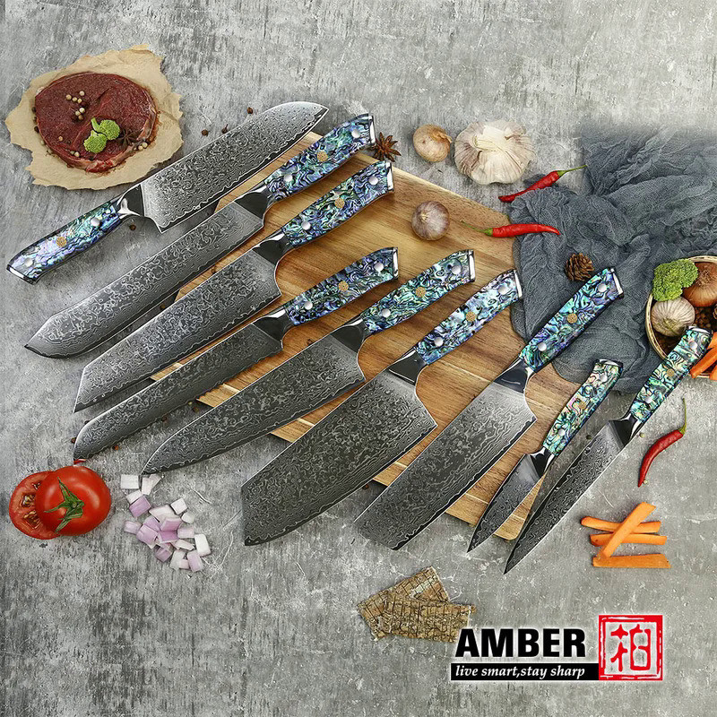Amber Damascus Knife Professional Kitchen Chef Utility Santoku Steak Boning Cleaver Knives Japanese 