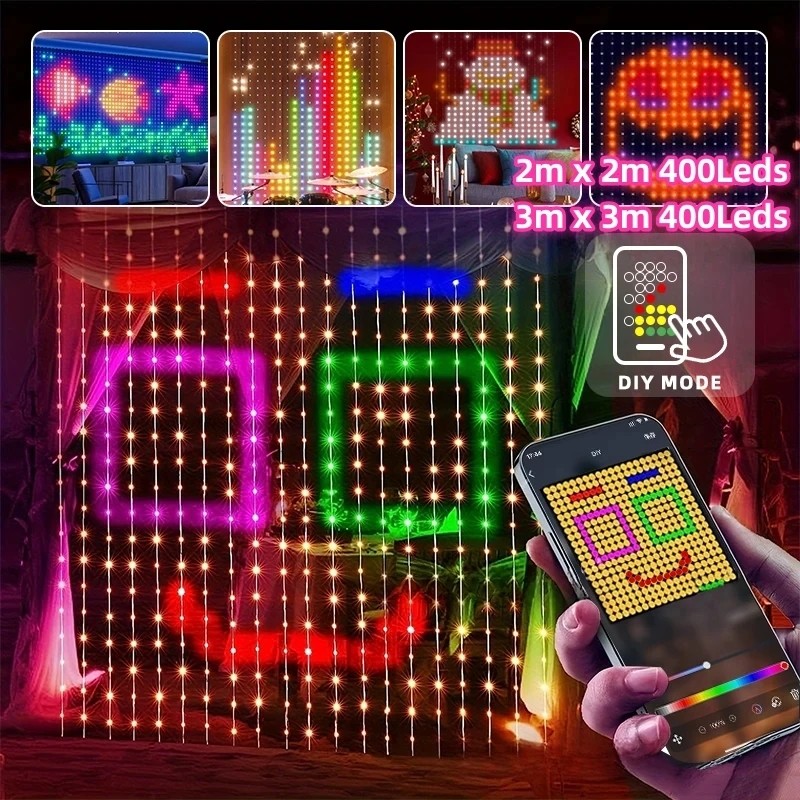 ไฟม่านอัจฉริยะ 400LED แอปบลูทูธ LED String RGB ไฟนางฟ้า DIY เพลงเปลี่ยนจอแสดงผลสําหรับตกแต่งห้องนอนหน้าต่าง