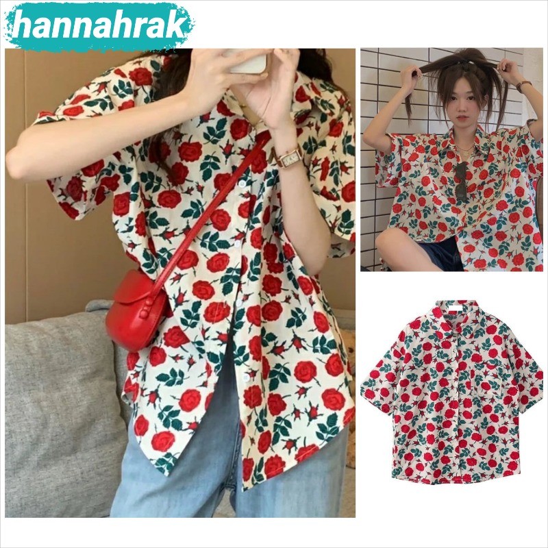 (ส่งจากกรุงเทพฯ)เสื้อเชิ้ตแขนสั้น ทรงหลวม ลายดอกไม้ ขนาดเล็ก สไตล์ฮาวาย แฟชั่นฤดูร้อน สําหรับผู้หญิง