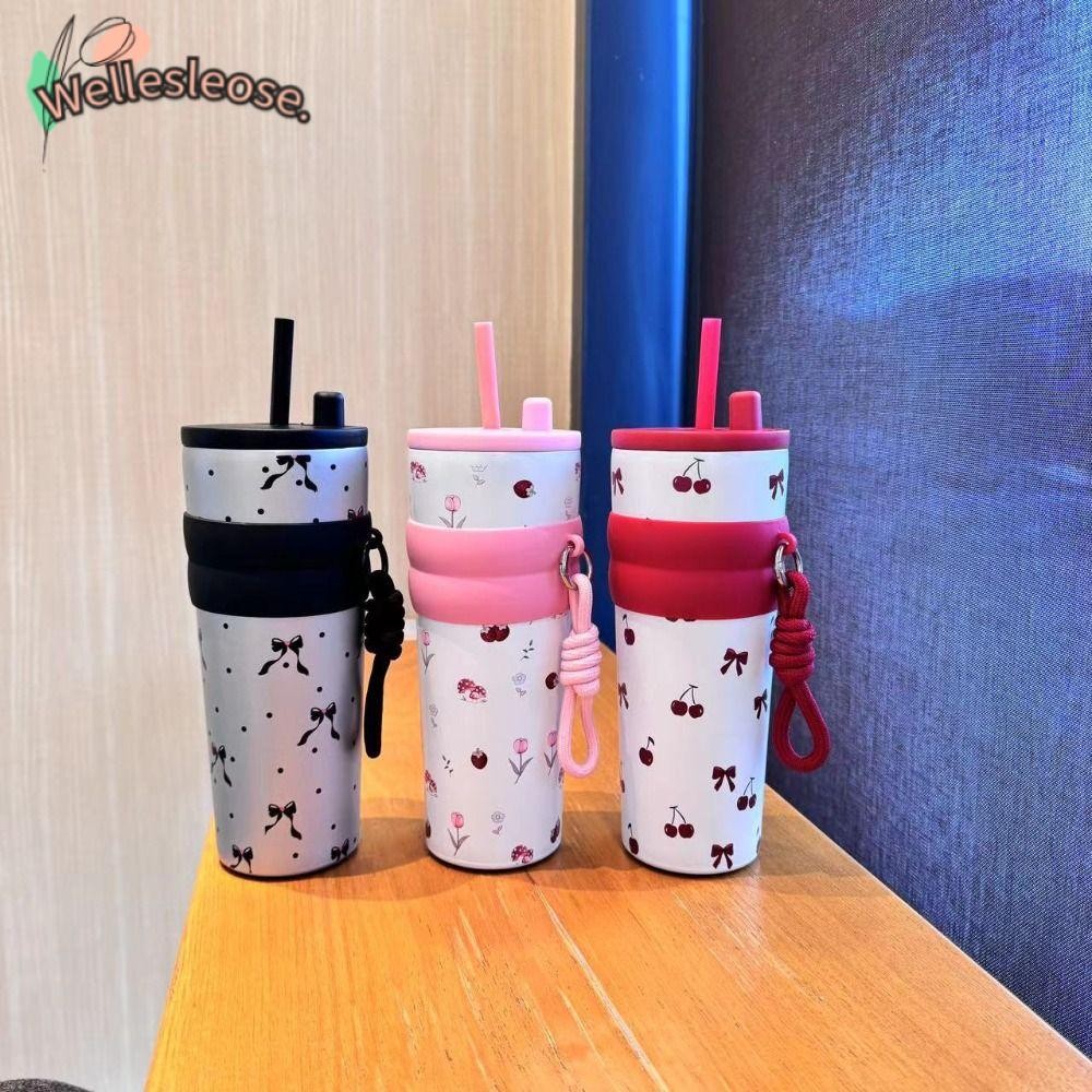 ยินดีต้อนรับ สีแดงเชอร์รี่ถ้วยสูญญากาศ,700มล ดอกไม้สีชมพูขวดน้ําความร้อน,แบบพกพาโบว์316สแตนเลสที่มีเชือกยกถ้วยสูญญากาศเด็กชายและเด็กหญิง