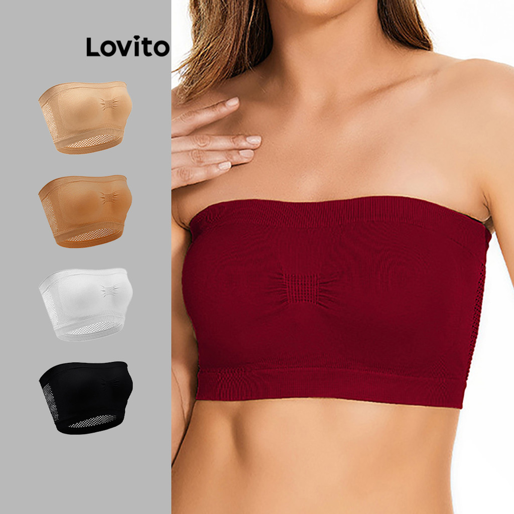 Lovito บราผู้หญิง พลัสไซซ์ สไตล์ลำลอง สีพื้น มีจีบ เบสิก LNE29022 (แอปริคอท/ขาว/เบอร์กันดี/ดำ)
