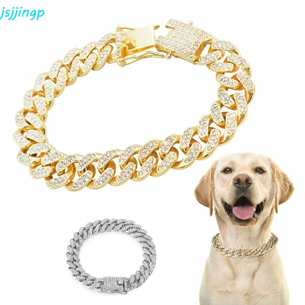 Jsjjingp ห่วงโซ่สัตว์เลี้ยง Rhinestone แฟชั่นสร้อยคอต่อสู้อุปกรณ์สัตว์เลี้ยง Photo Props ปลอกคอโลหะ