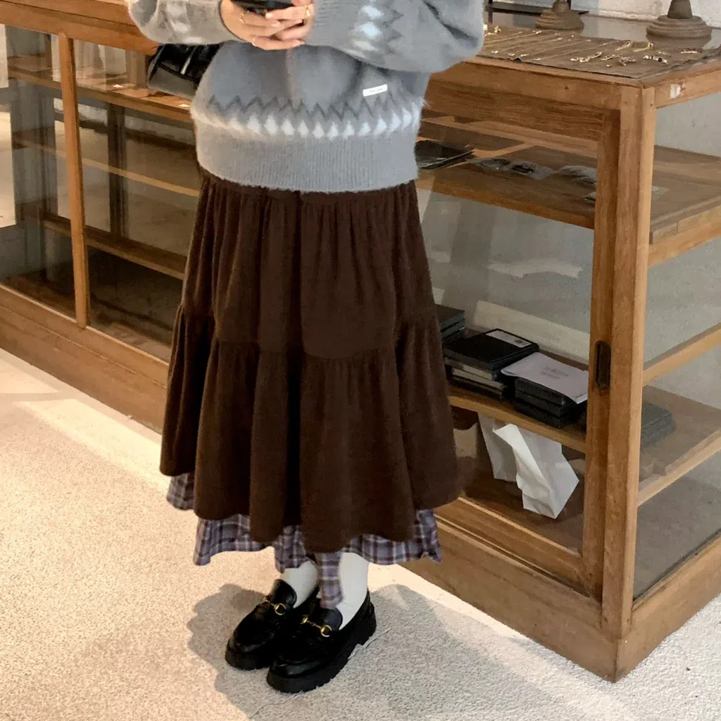 วรรณกรรม Corduroy Waste ดินสไตล์กระโปรงเอว Blue Overlay สวมใส่ Vintage Heavy Stitching A-line กระโปรงกาแฟฤดูใบไม้ร่วงฤดูหนาว