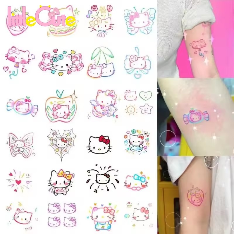 ชุดสติ๊กเกอร์รอยสักหลากสีแมวการ์ตูน - น่ารัก หวาน - สติกเกอร์ศิลปะร่างกาย ทําเอง - สติกเกอร์รอยสักชั่วคราว - สติกเกอร์กราฟฟิตีคิตตี้ - การพิมพ์ถ่ายโอนน้