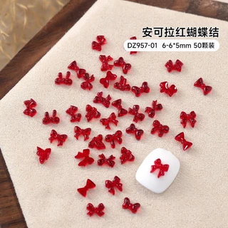 Rou Bao 50 ชิ้นเล็บผสมสีแดง Maillard Bow หลายสไตล์ Girly 3D เรซิ่นเล็บ Art DIY Charms ตกแต่ง