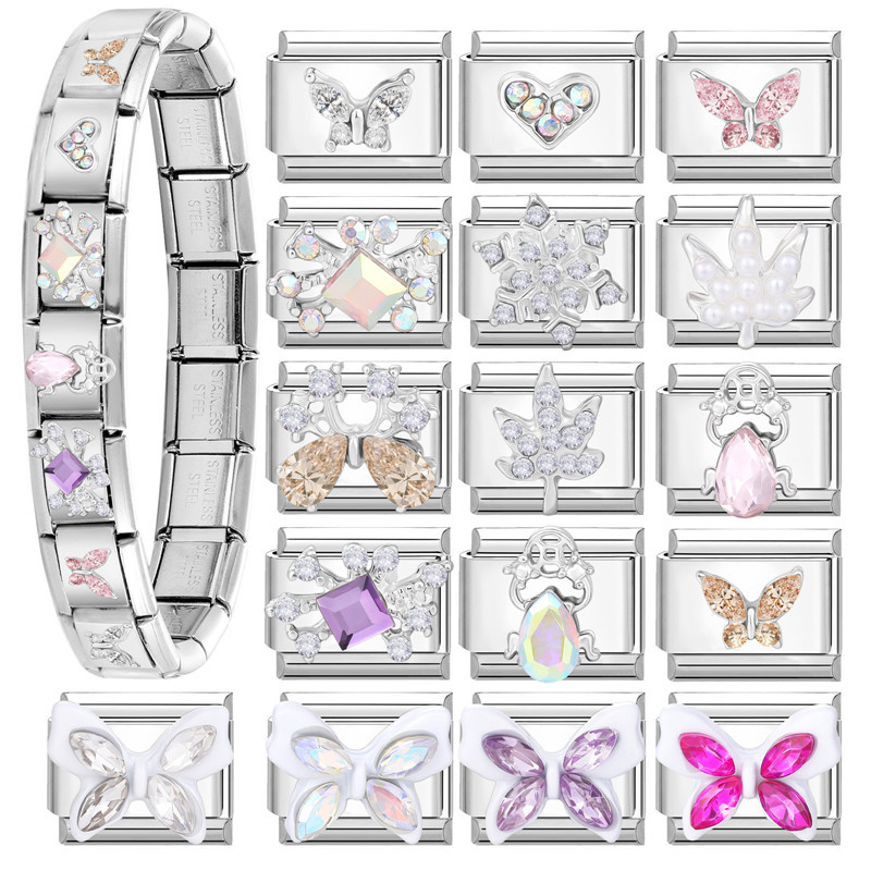 ใหม่เพชรผีเสื้อ Love Leaf อิตาเลี่ยน Charm Links Fit 9 มม.สร้อยข้อมือสแตนเลส Diy เครื่องประดับทําอุปกรณ์เสริม Retro บุคลิกภาพโมดูลสร้อยข้อมืออุปกรณ์เสริม