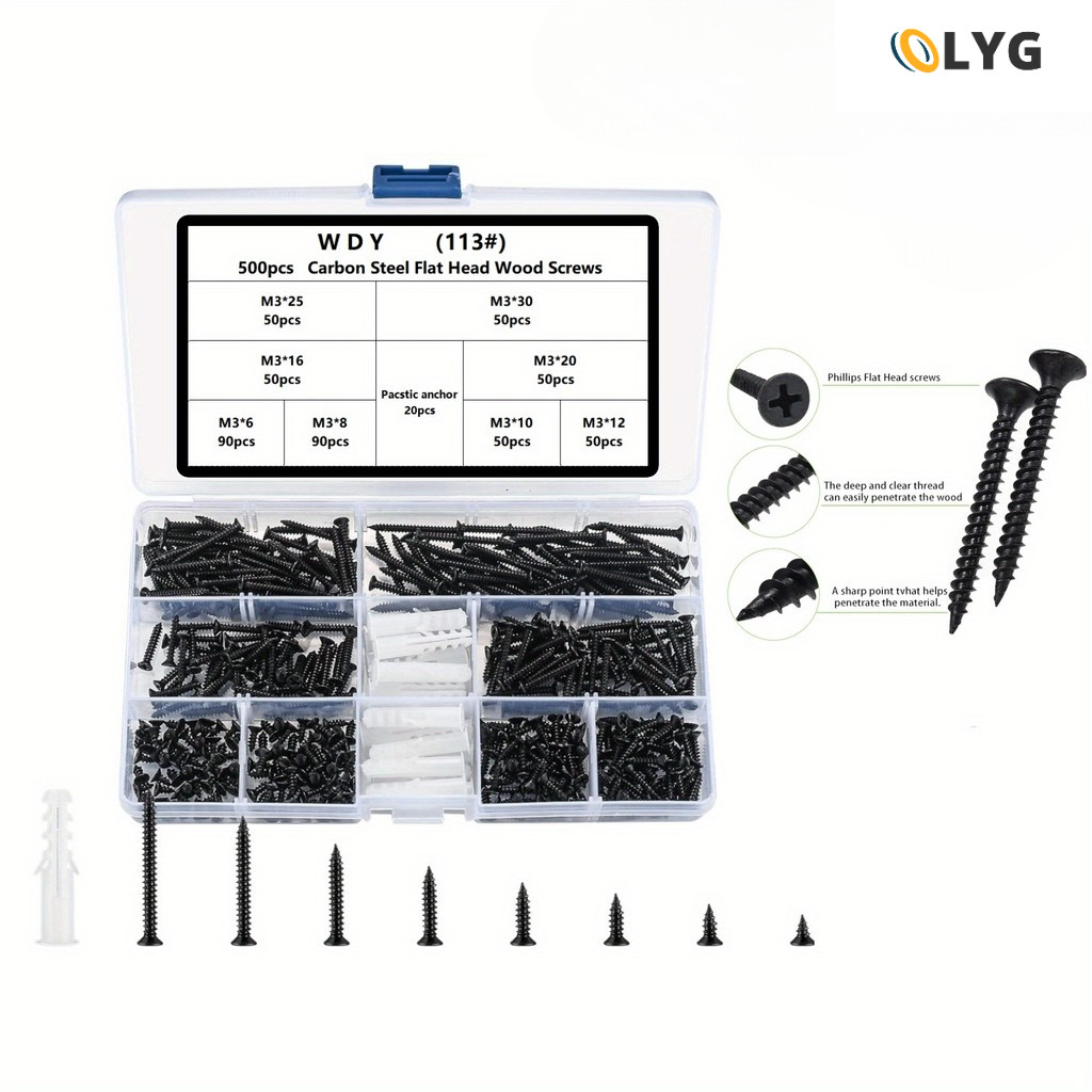 [LYG-T]500 ชิ้น M3 เหล็กคาร์บอนหัวแบนสกรูไม้ Assortment Fasteners Kit500ชิ้น, Phillips Drive Countersunk Head สกรูแตะตัวเอง/500pcs M3 Carbon Steel Flat Head Wood Screws Assortment Fasteners Kit 500pcs, Phillips Drive Countersunk Head Self-Tapping Screws