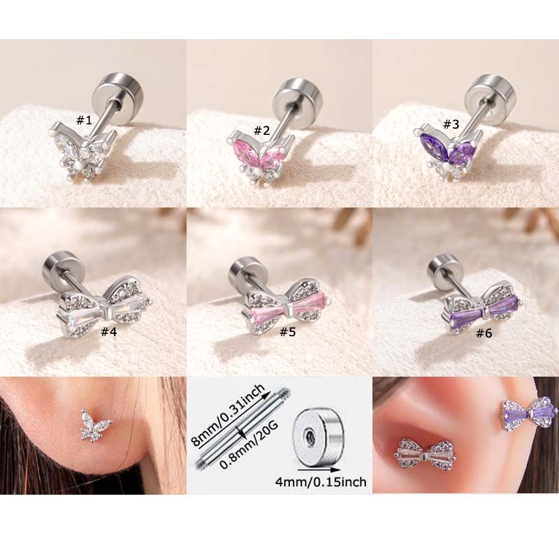 1 ชิ้น Chic ผีเสื้อ Bowknot รูปร่างต่างหูกระดูกอ่อน Stud Helix Lobe Pinna เจาะ 20Gauge สแตนเลส Zirconia