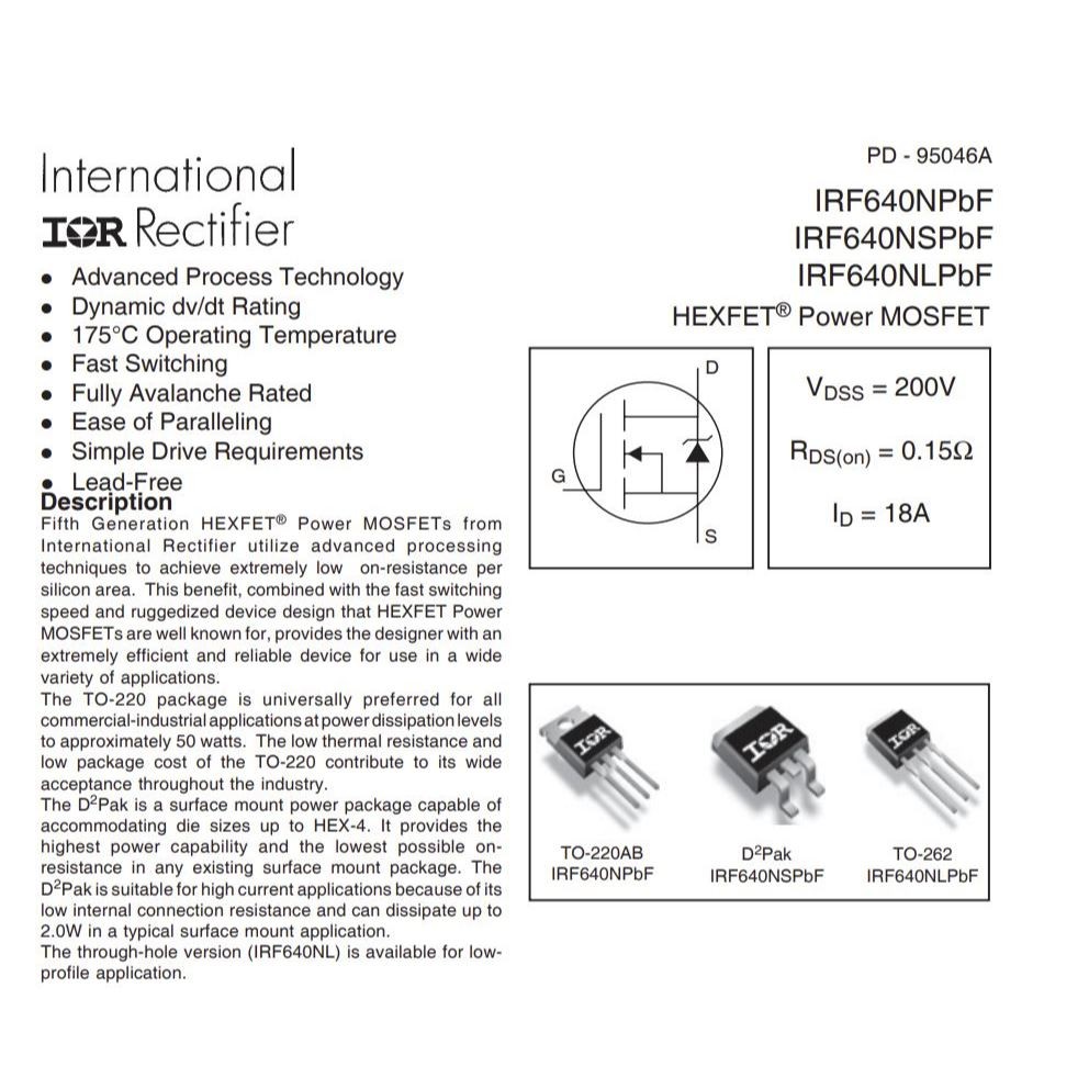 มอสเฟต IRF640NSTRLPBF (จำนวน 10ชิ้น) 18A 200V 150W TO-263 IR/INFINEON/VISHAY ของแท้