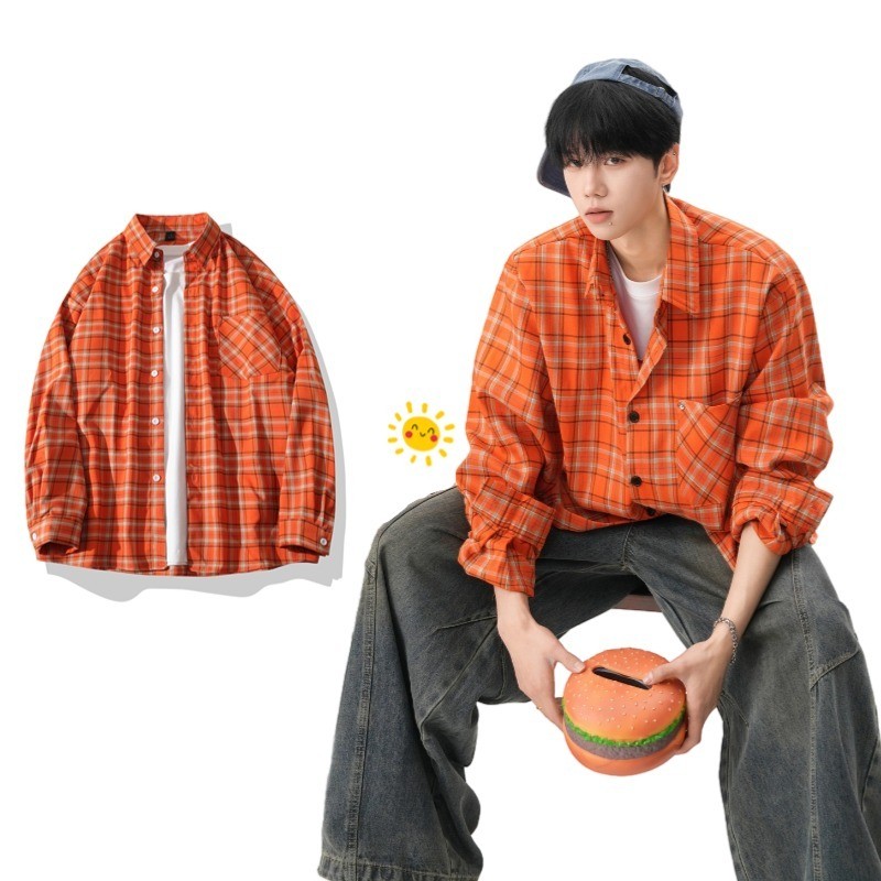 ASRV เสื้อเชิ้ตแขนยาวลายสก๊อตสีส้มย้อนยุคอเมริกันสําหรับผู้ชายและผู้หญิงฤดูร้อนหลวมเสื้อโดปามีน