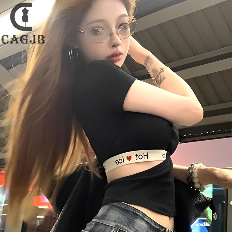 [SSNE] เสื้อยืดแขนสั้นคอเหลี่ยมผู้หญิงเอว Hallow Cool Casual Summer Cropped Tops UOM