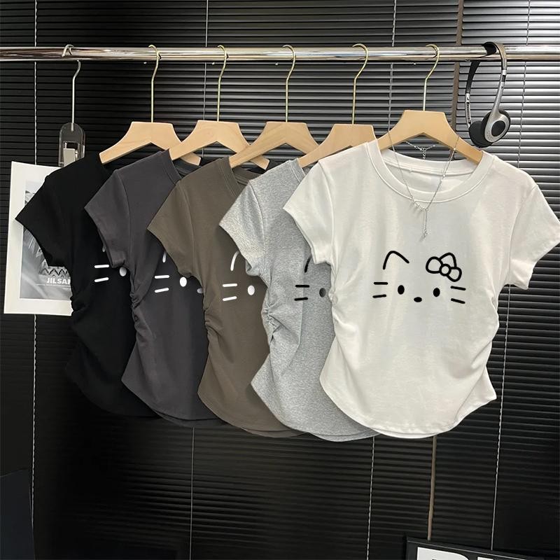 เสื้อยืดผู้หญิงเสื้อยืดครอป แขนสั้น เวอร์ชั่นเกาหลีของกระแสน้ำแน่นเข้ารูปพอดีสั้นเอวสูงบางผู้หญิงด้านบนClothing