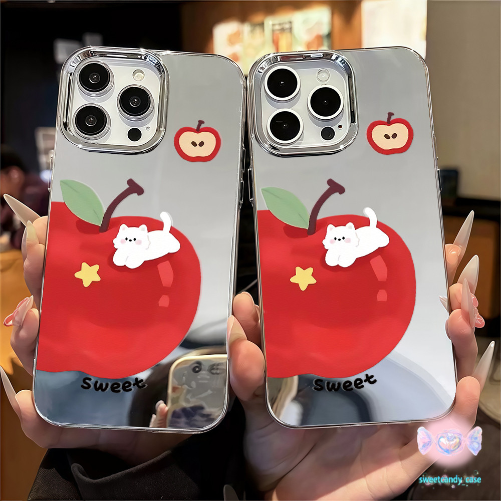 👑จัดส่งในพื้นที่👑เคสแบบกระจกมิเรอร์ การ์ตูน น่ารัก ผลไม้สีแดงและแมว สําหรับIPhone16 15 14 13 7 8plus Pro Promax XR XS