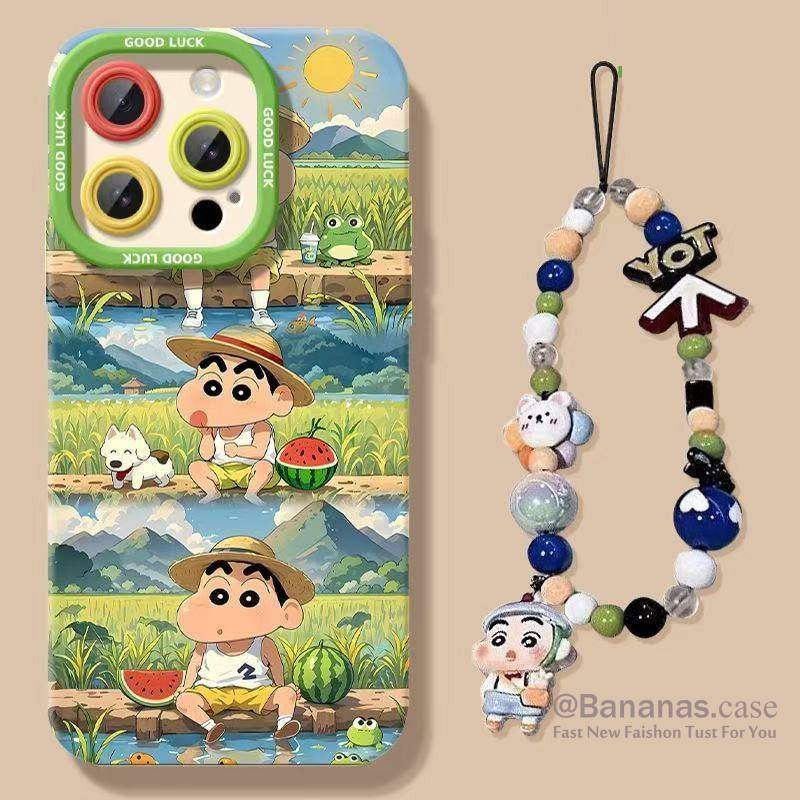 ใช้งานร่วมกับ iPhone 16 15 14 13 12 11 Pro Max X Xr Xs Max 7 8 Plus SE2020 เคสโทรศัพท์การ์ตูนฤดูร้อนแตงโม Crayon Shin chan + Lanyard Soft ฝาหลัง